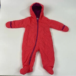 Quilted Pink Winter Baby Jumpsuit Size 9M, full zip, hand covers, hooded
